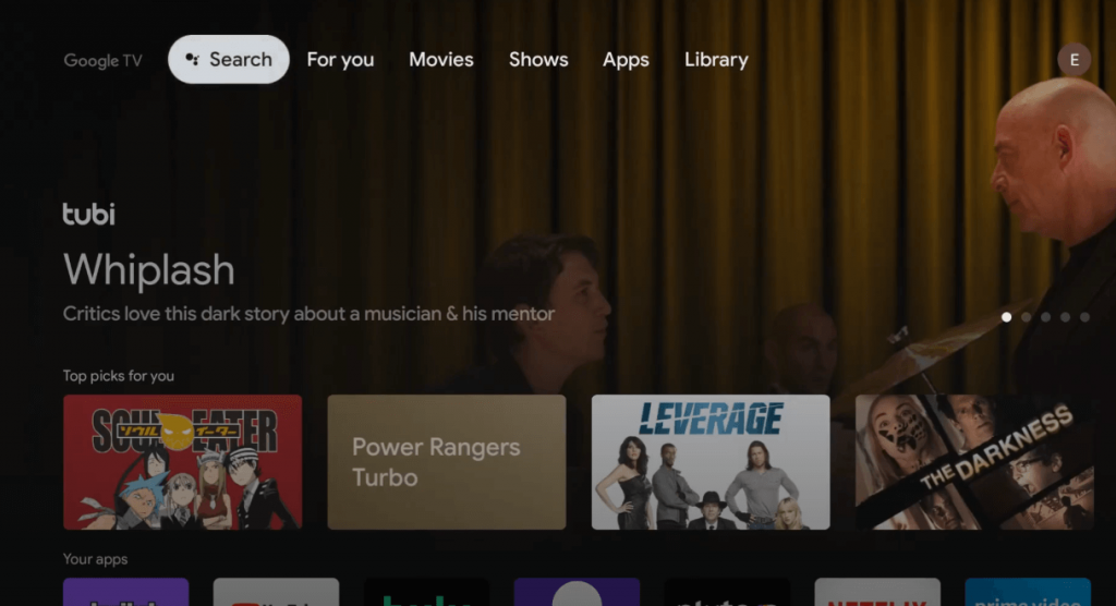 Search menu on Google TV