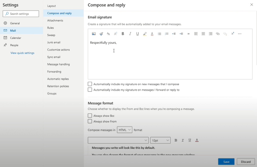 click Compose and reply - add signature on Outlook 365