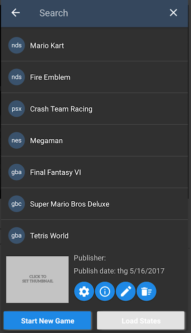 EmuBox app Search screen with game lists displayed in a ListView. The bottom footer has two buttons, 'Start New Game' and 'Load States'.