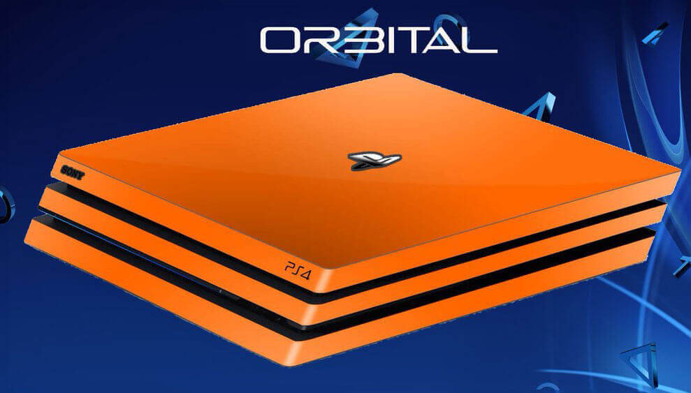 Orbital PS4 Emulator banner with a PS4 Pro in orange casing and the Orbital logo on top.