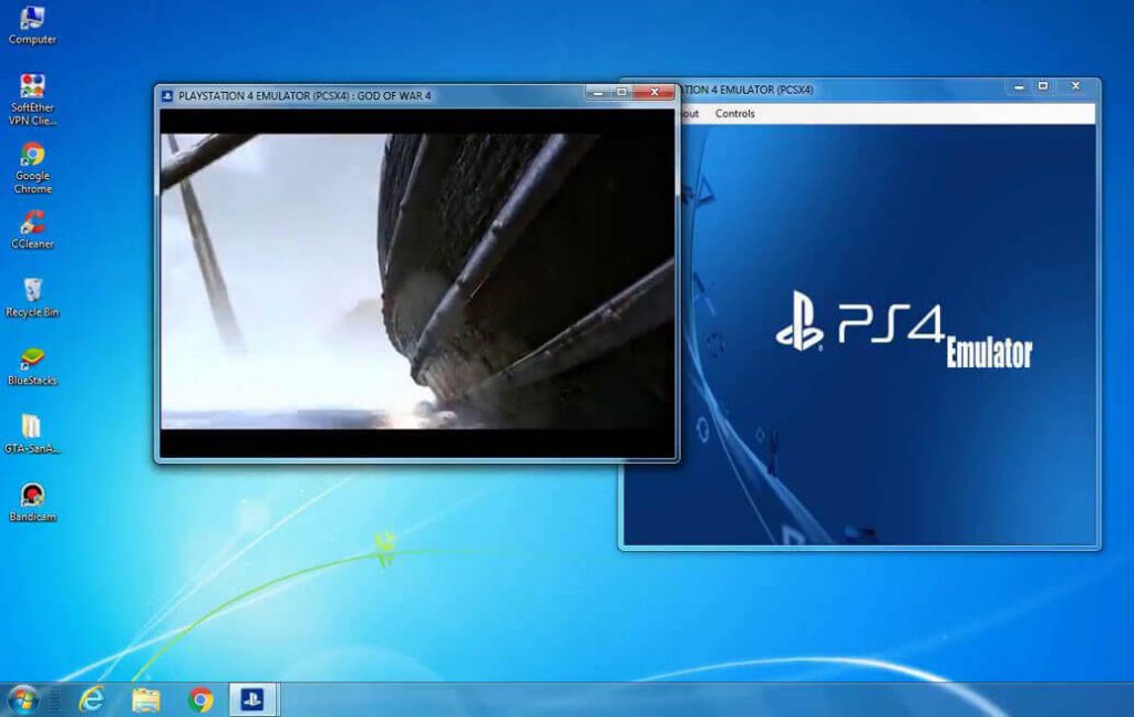 Window 7 operating with PCSX4 emulator running in one window. In another window in foreground God of War 4 is running.
