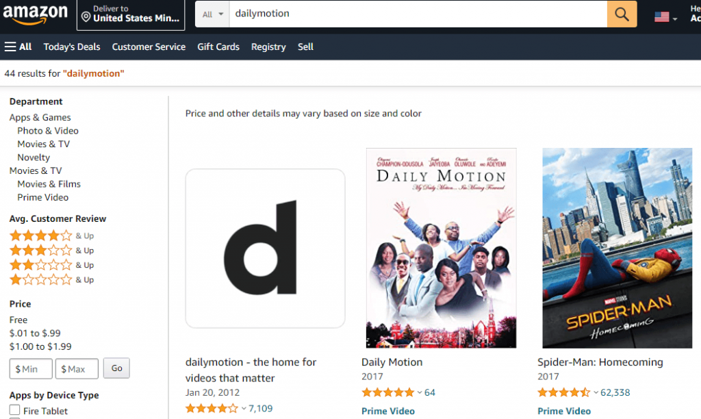 select Dailymotion on Amazon website