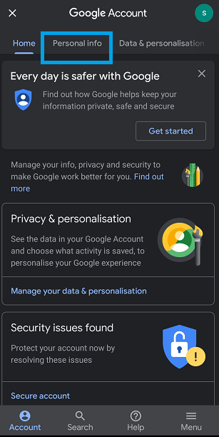Manage your Google Account Personal account