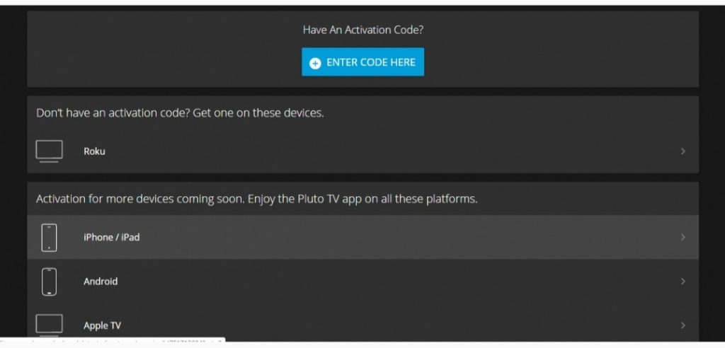Pluto TV on Roku- enter the code