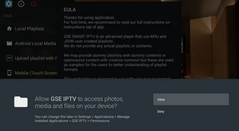 GSE Smart IPTV on Firestick- Press allow