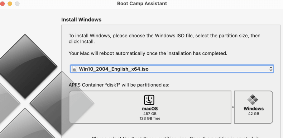 installing windows on mac bootcamp storage problem