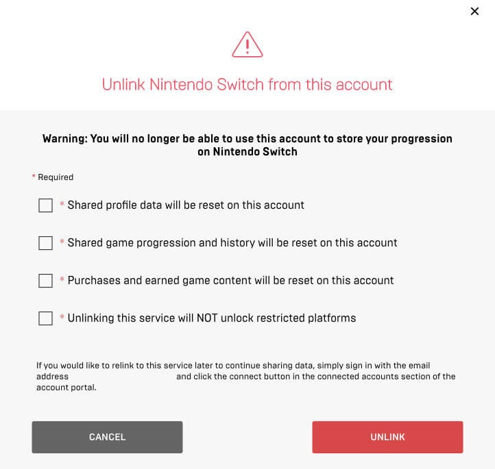 Select Unlink to logout of Fortnite on Nintendo Switch