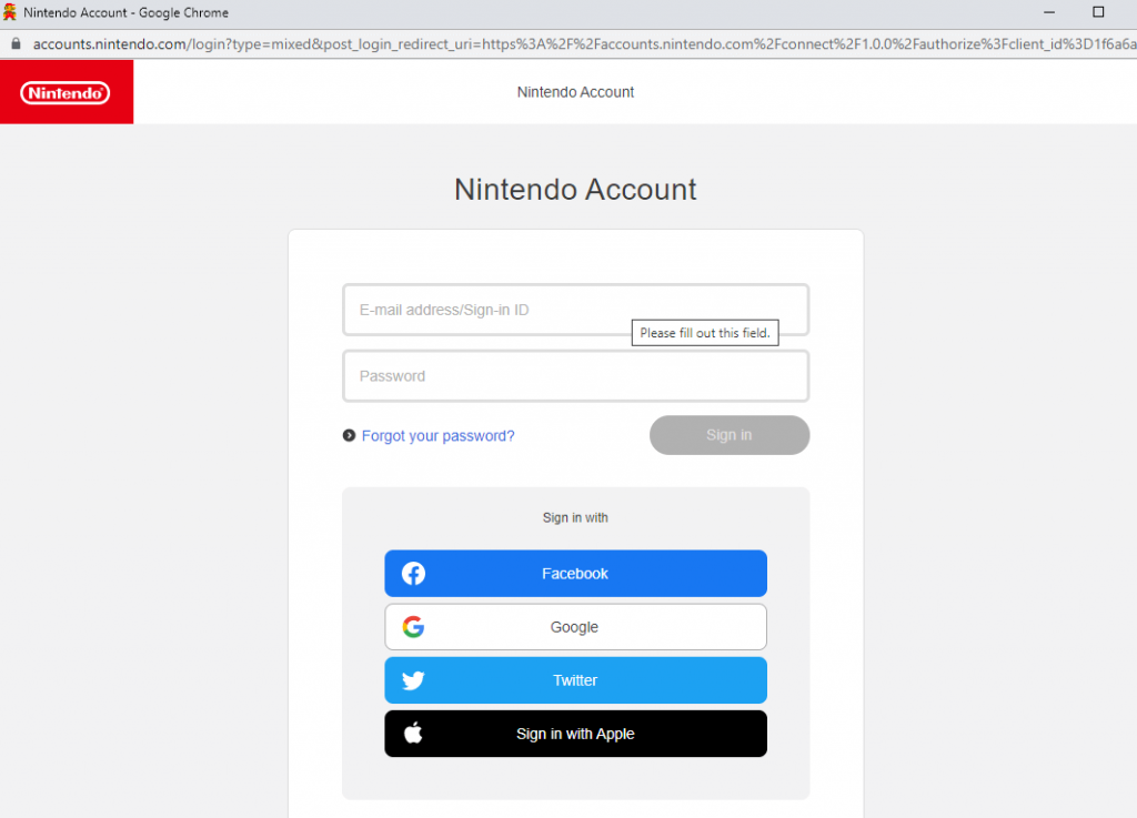 Enter the Nintendo account credentials