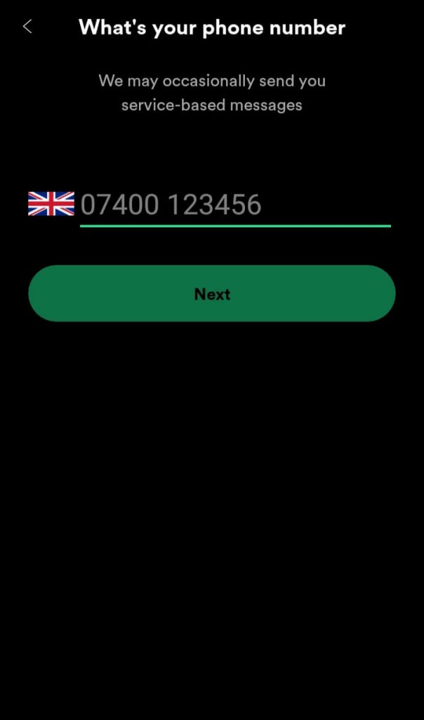Enter phone number for Spotify Greenroom sign up