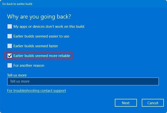 Roll Back To Windows 10 From Windows 11:Specify the reason