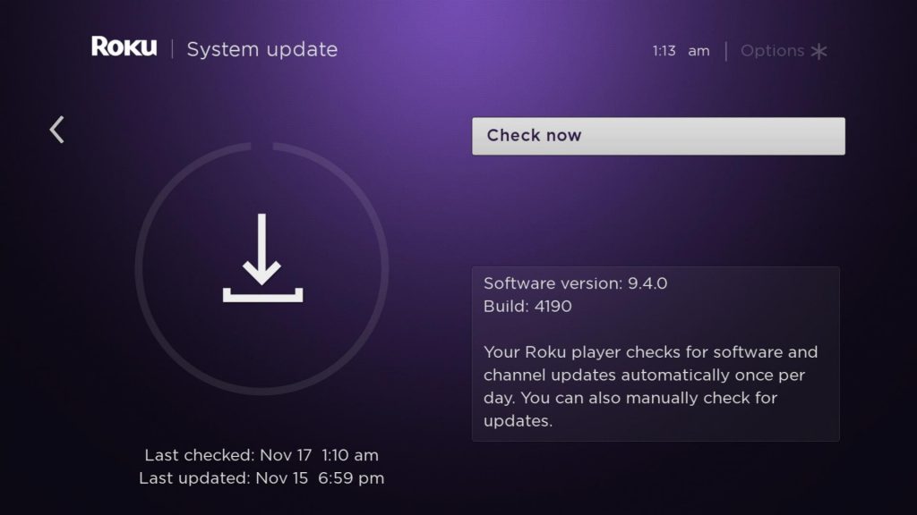 Roku will start check for an update