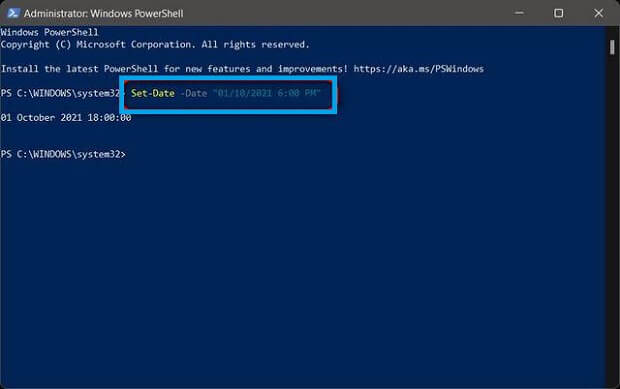 Change Date and Time in Windows 11 through PowerShell