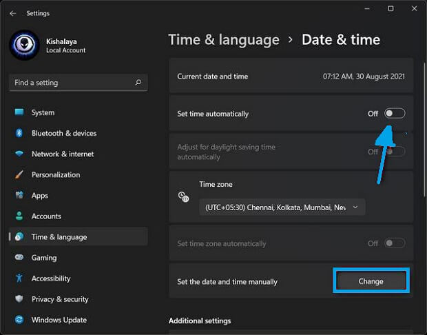 Change Date and Time in Windows 11 through Settings 