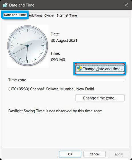 Change Date and Time in Windows 11 Via Control Panel