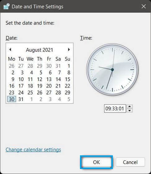 Change Date and Time in Windows 11 Via Control Panel