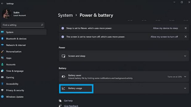 Battery Usage in Windows 11