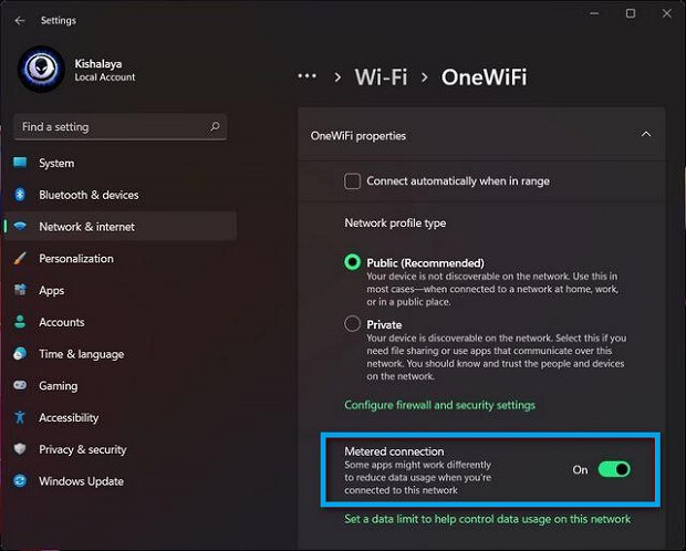 Set up Metered Connection