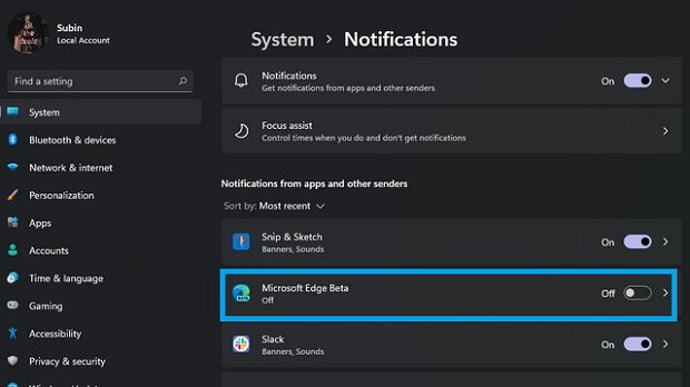 Turn off Windows 11 Notifications for different Apps 