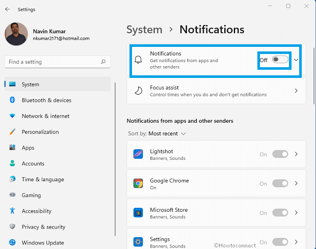 Turn off Notifications in Windows 11 from Settings 