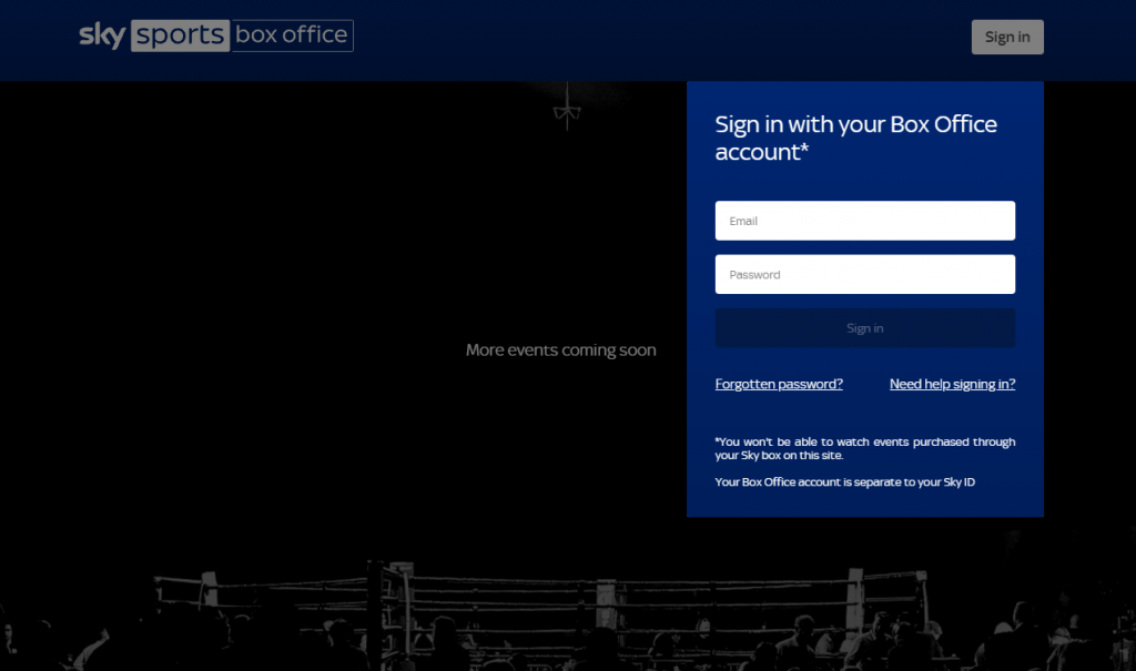 Enter the Sky Sports Box Office Credentials