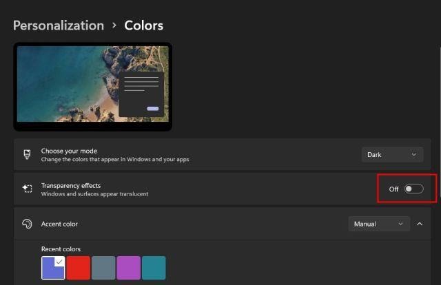 Turn Off Transparency Effect in Windows 11 