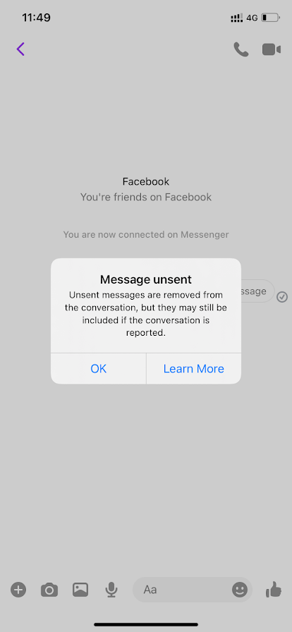 Select OK to unsend message on Facebook Messenger