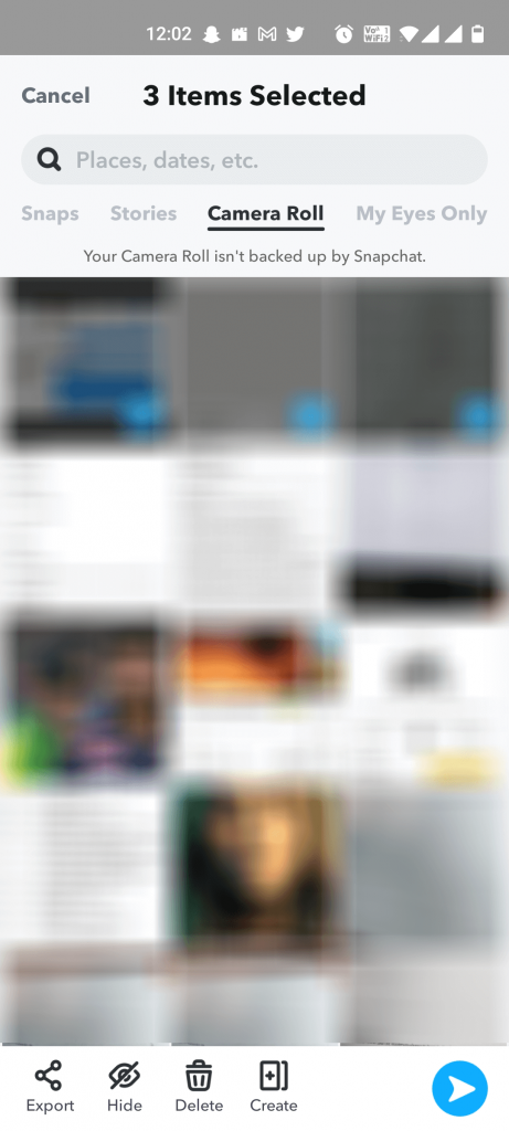 Click Export - backup Camera Roll on Snapchat
