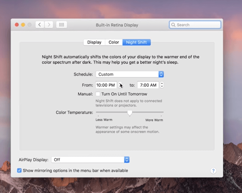 Provide the time for Night Shift on Mac