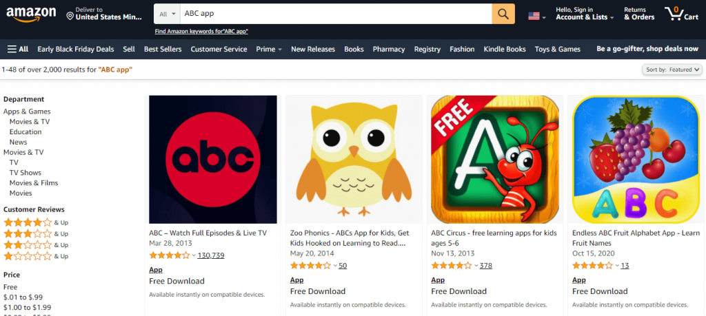 Search for ABC app on the Amazon website