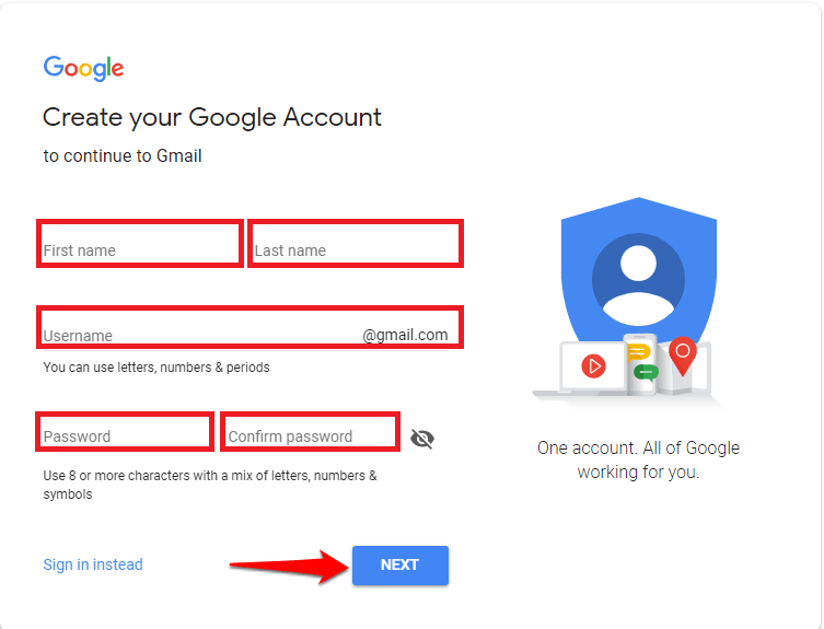 Enter your personal details to create a Gmail account.