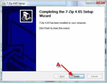 Finish button highlighted, when clicked would complete the Installation of 7-Zip application.