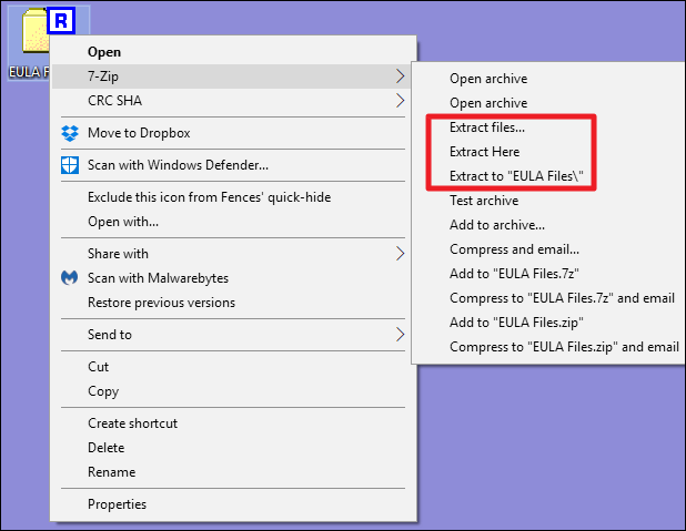 Floating menu, with 7-Zip application options to extract files and compress the files.