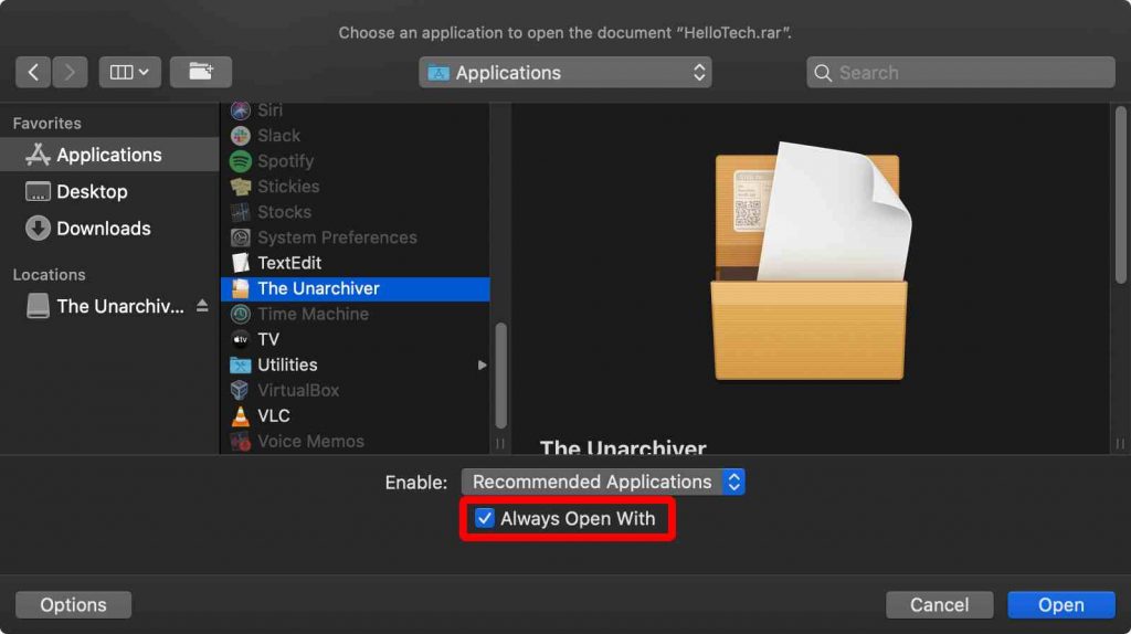 Popup on macOS, with Always Open With being checked, to make the file with extensions RAR to be opened by default from next usage.