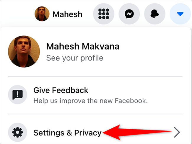 Settings and privacy option on Facebook
