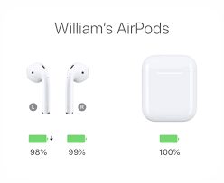 Apple AirPods Casing and AirPods earbuds pair with charge level indicated on each.
