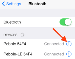Displays bluetooth screen under settings. The 🛈 icon being highlighted to enter actions screen for each device.