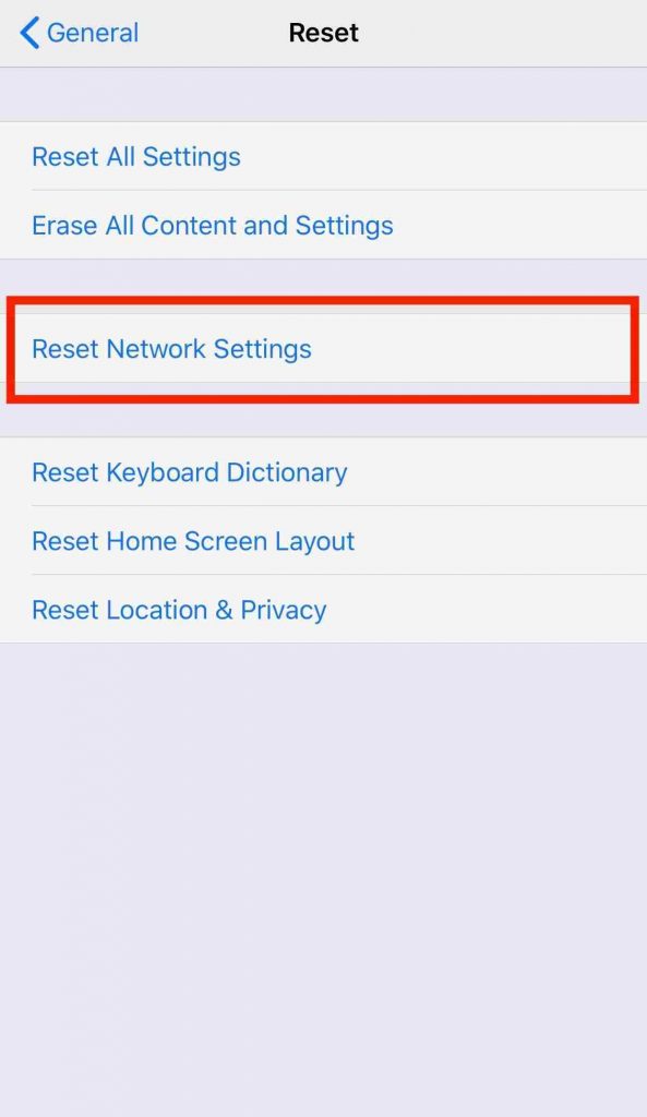 Reset screen with Reset Network Settings highlighted. This would be found under Settings -> General -> Reset