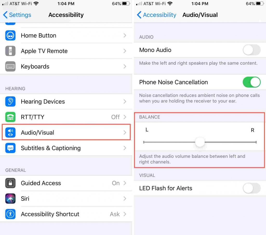 Accessibility screen with Audio/Visual screen in which balance of speakers is highlighted