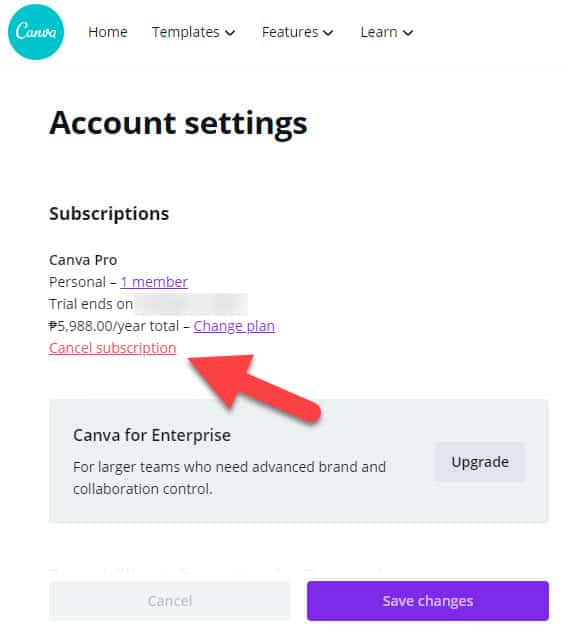 Cancel Canva Subscription on PC