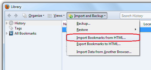 Select Import Bookmarks from HTML