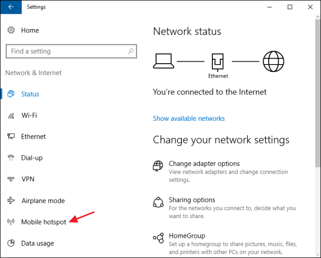 Go to Mobile Hotspot on Network Settings Window