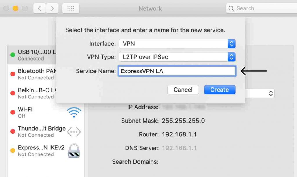 Change Interface type to VPN on the Network Settings Window on Macintosh