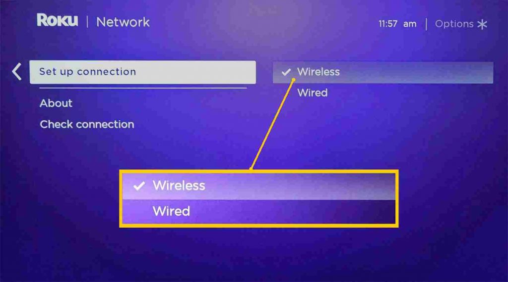 Choose Wireless option from Network settings screen on your TV or Display