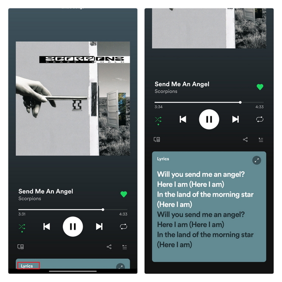 Find song lyrics in Spotify
