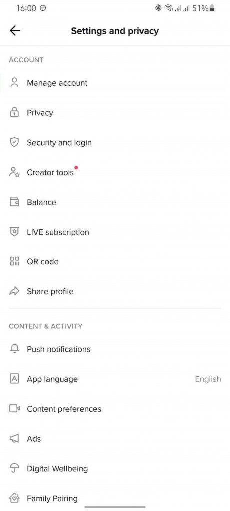 Settings and privacy menu