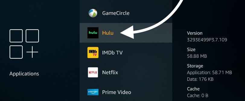 select Hulu app to clear cache to fix Hulu on firestick