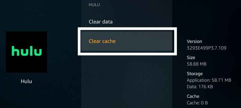 select clear cache to fix Hulu app on firestick
