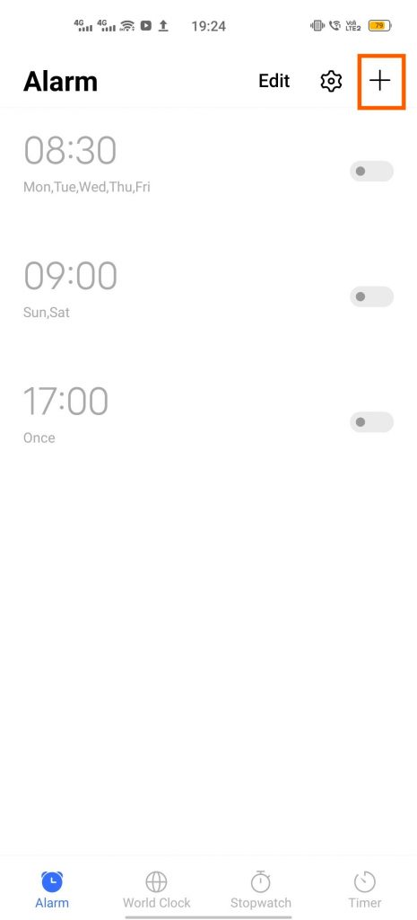 Click the plus icon to set an alarm.