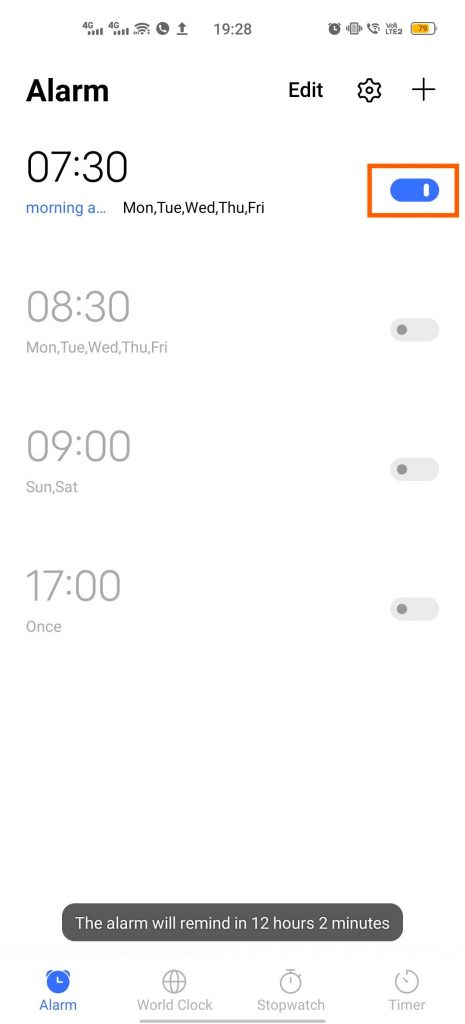 The alarm is not set and will be displayed in clock app.