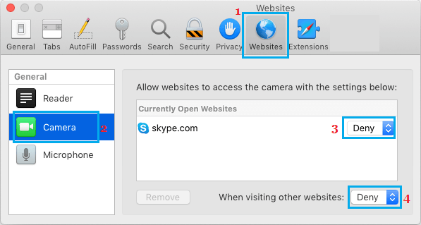 click preferences and select websites to turn off camera on mac